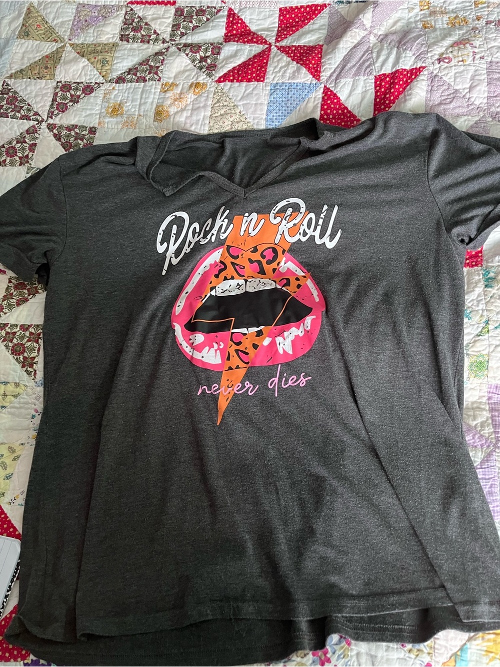 Women’s Charcoal 'Rock n Roll' Graphic Tee with Pink Lip Design